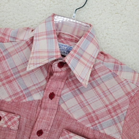 Vtg 60s Shirt Men S 14 14.5 Button Up SS Solid Plaid Western H.I.S. 2 Pocket - Picture 7 of 13